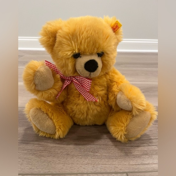 Steiff 12" Bobby Teddy Bear 013379 Golden Yellow Friend Red Bow Brass Button Tag - Picture 1 of 6